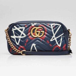 Gucci Blue Ghost Print Quilted Leather Marmont Metalasse Small Shoulder Bag